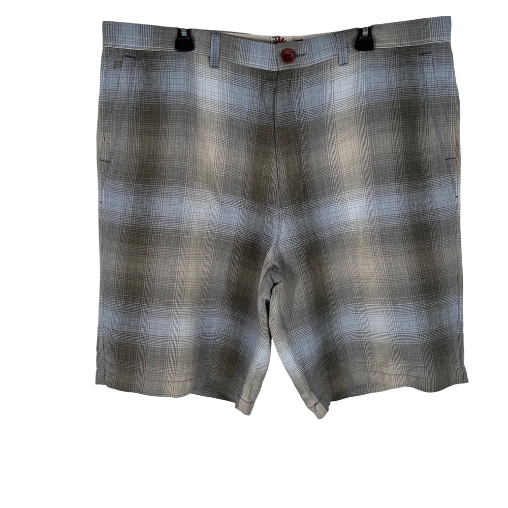Tommy Bahama Plaid‎ Linen Silk Blend Flat Front Shorts Mens 40 Blue Brown 10"
